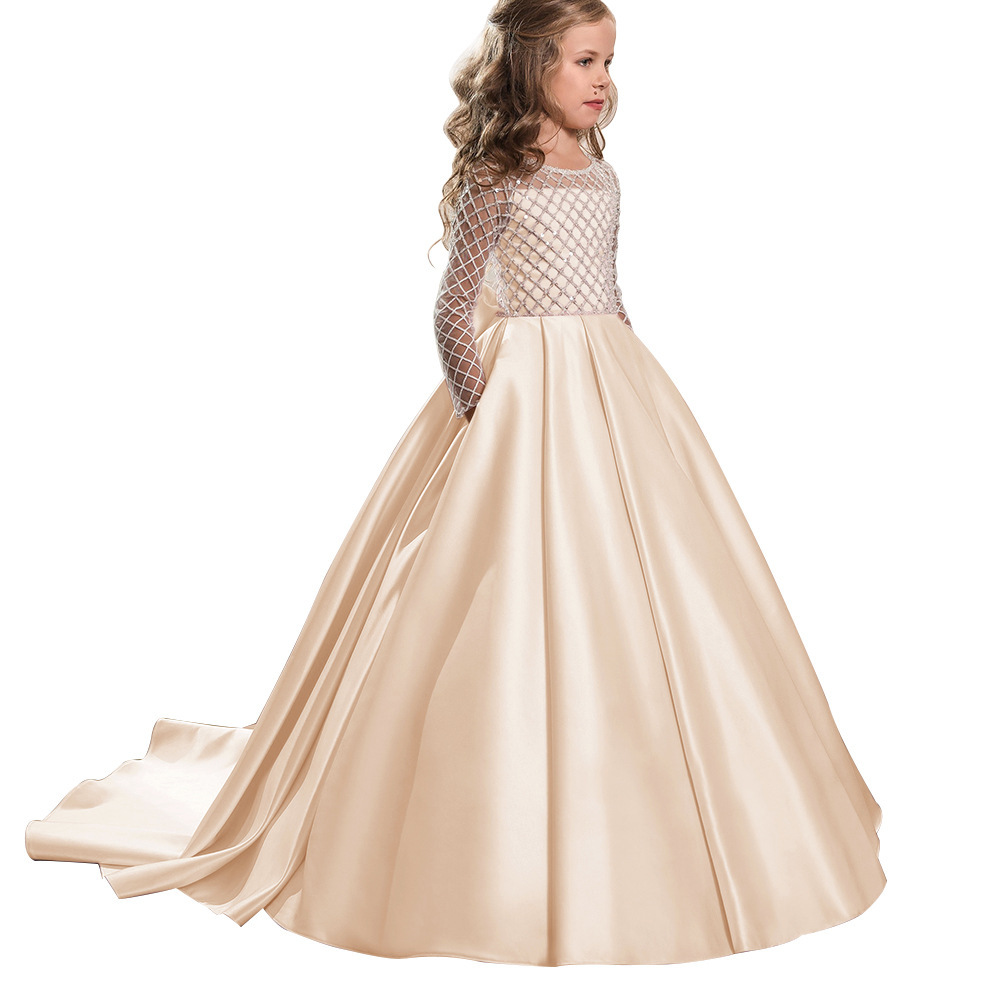 Satin Beaded Long Sleeves Kids Wedding Dress