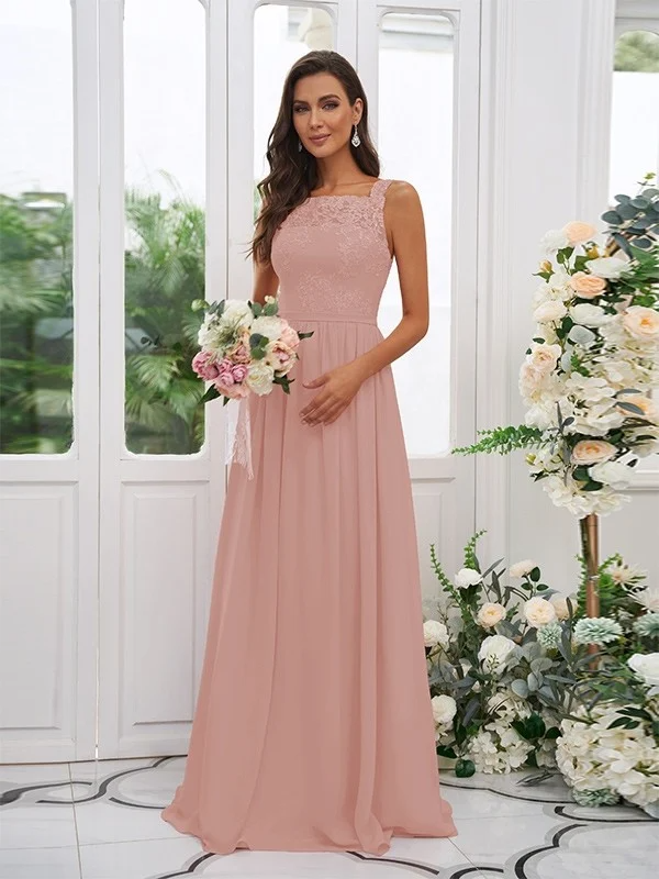 Lace Applique Square Neck Sleeveless Maxi Bridesmaid Dress