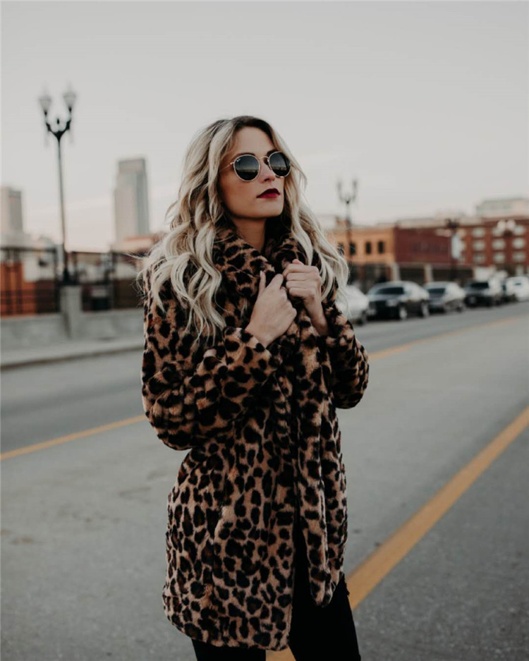 Oversized Leopard Print Long Sleeves Faux Fur Coat