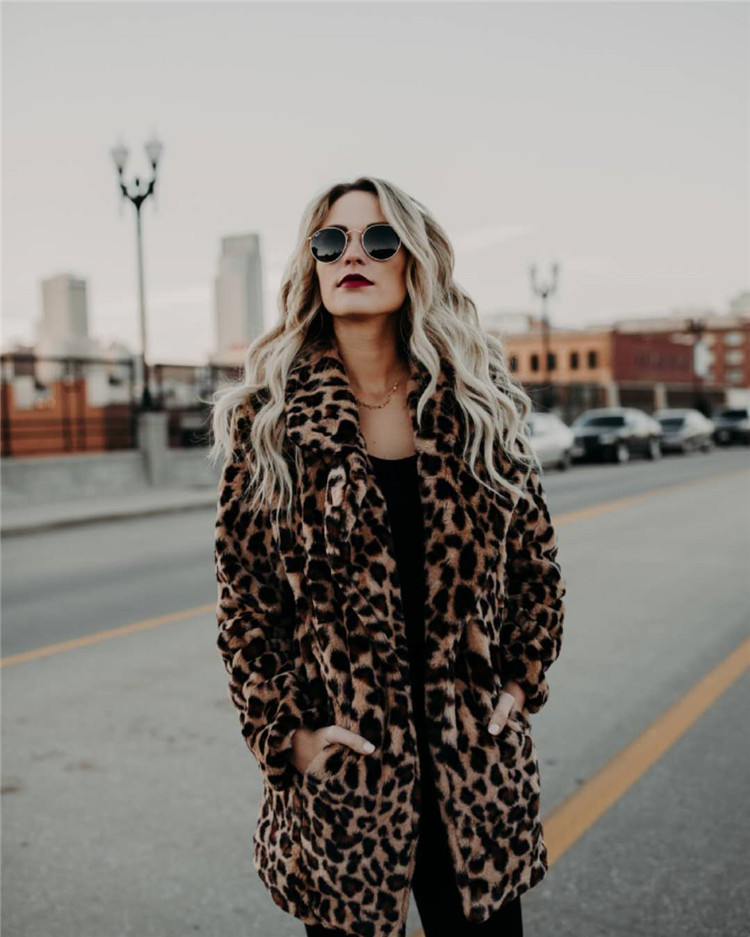 Oversized Leopard Print Long Sleeves Faux Fur Coat