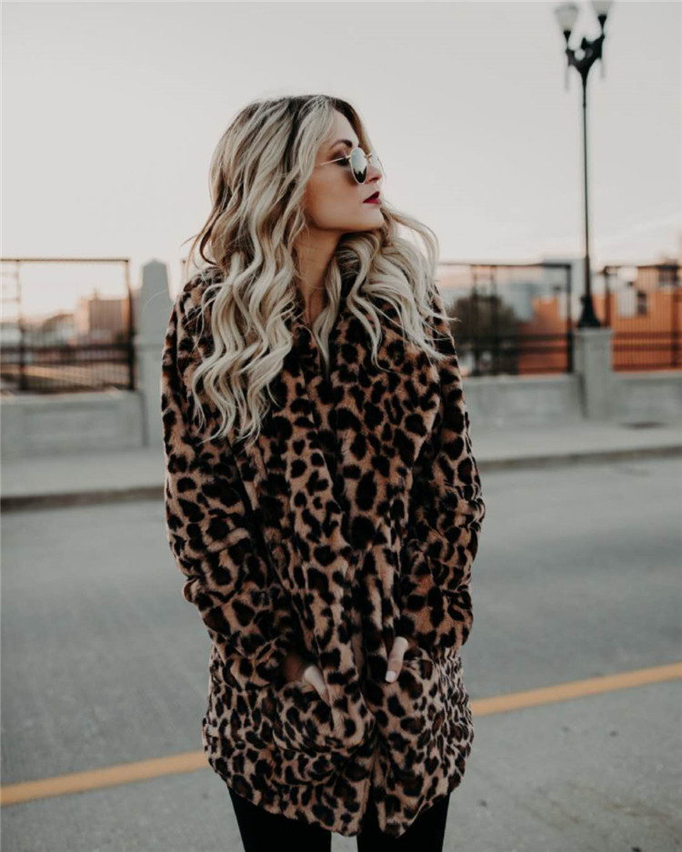 Oversized Leopard Print Long Sleeves Faux Fur Coat