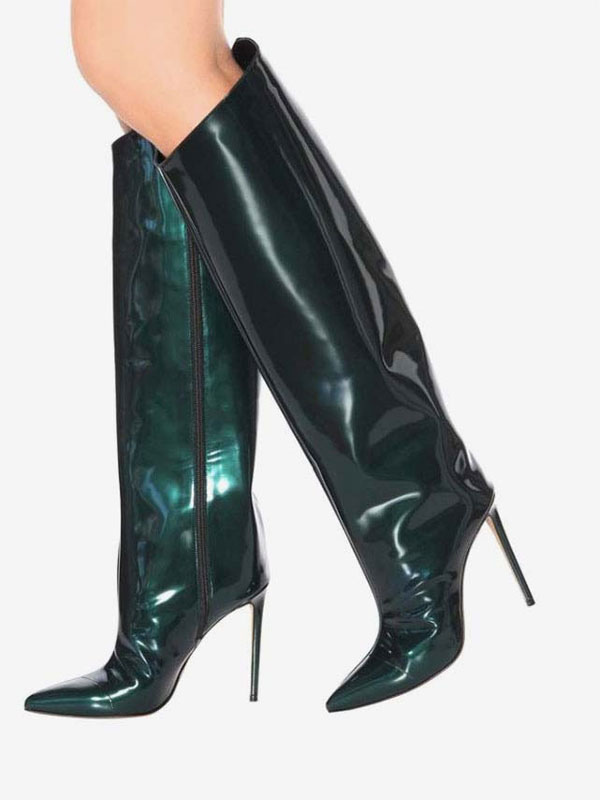 Bright Leather Point Toe Stiletto Heel Knee High Boots