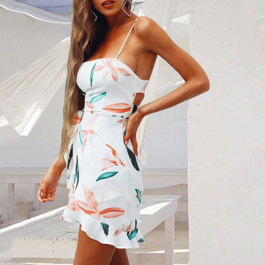 White Floral Printed Bodycon Mini Dress