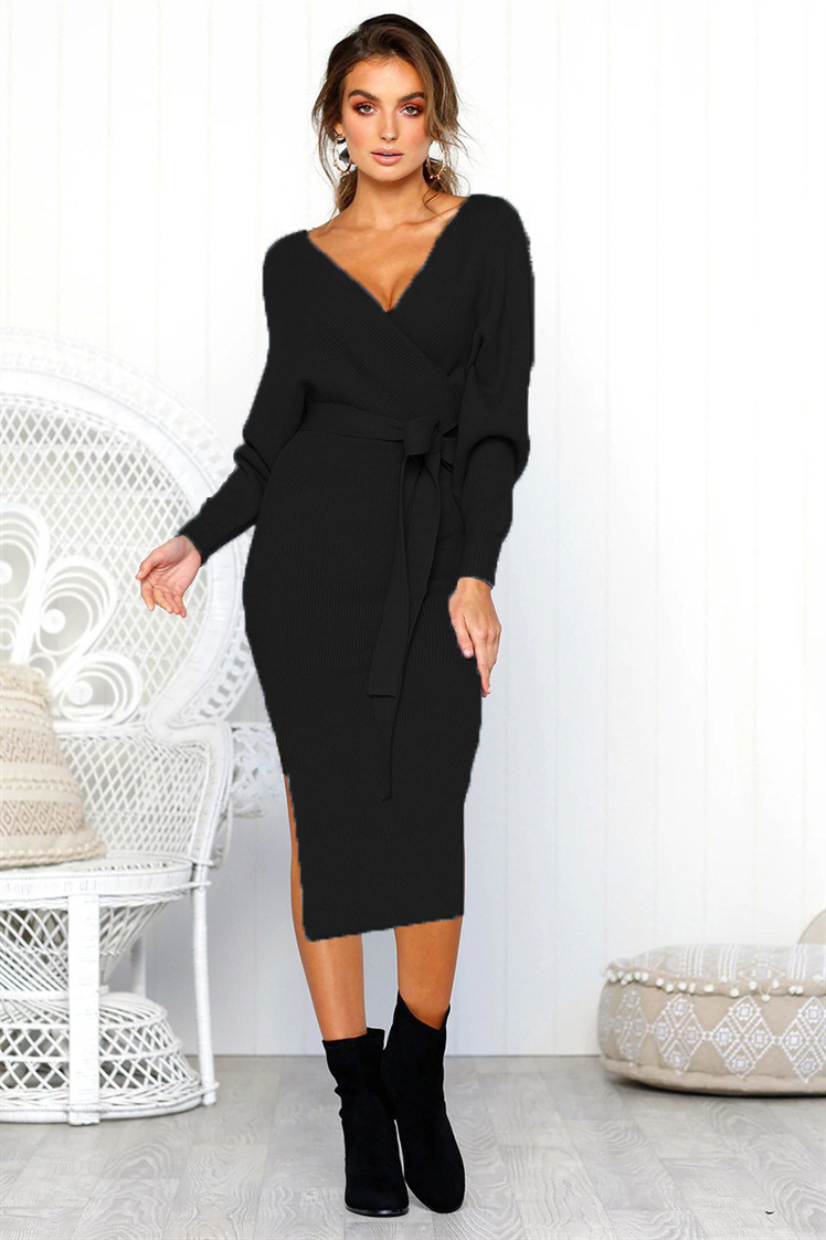 V Neck Belted Knitted Midi Dress