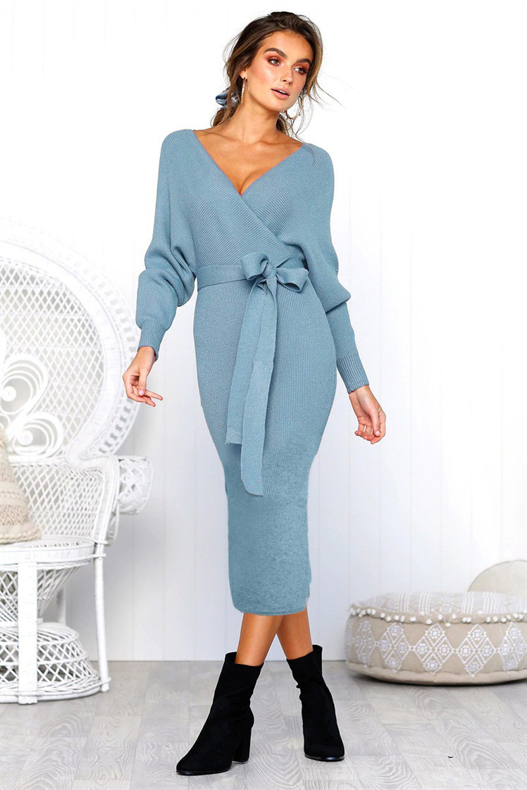 V Neck Belted Knitted Midi Dress