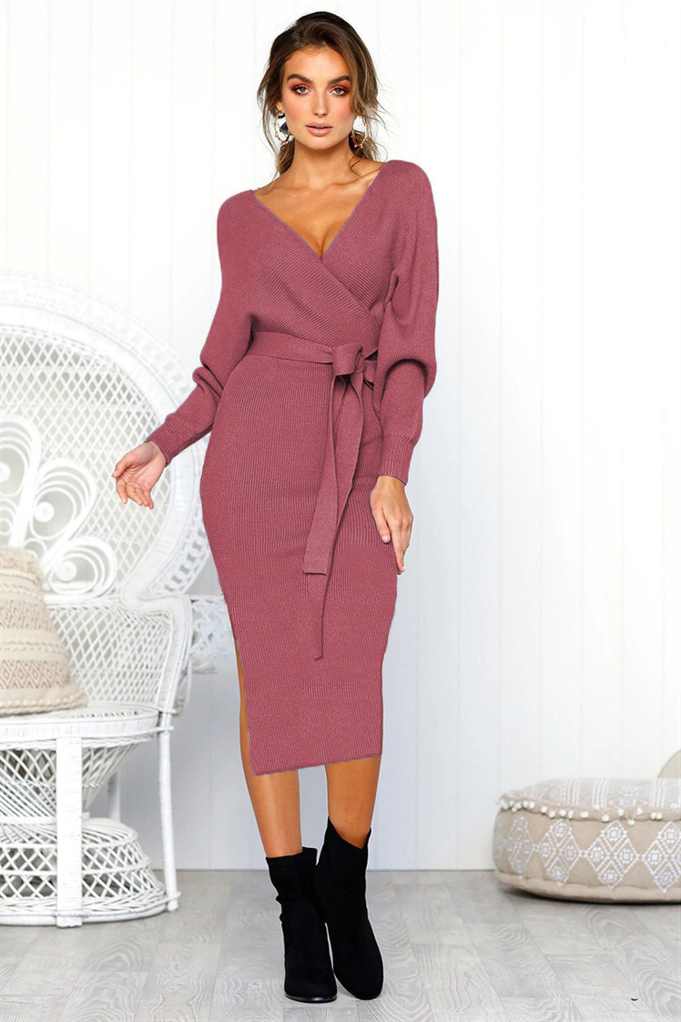 V Neck Belted Knitted Midi Dress