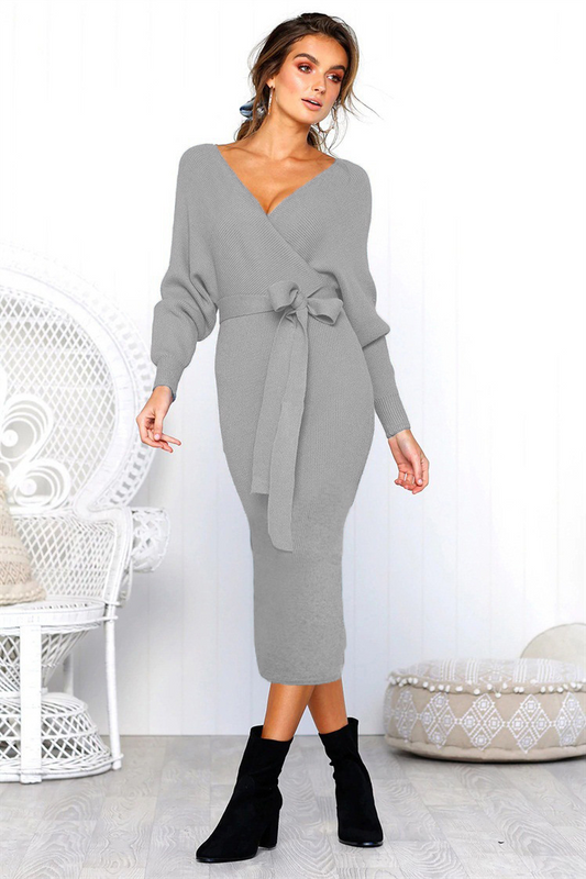 V Neck Belted Knitted Midi Dress