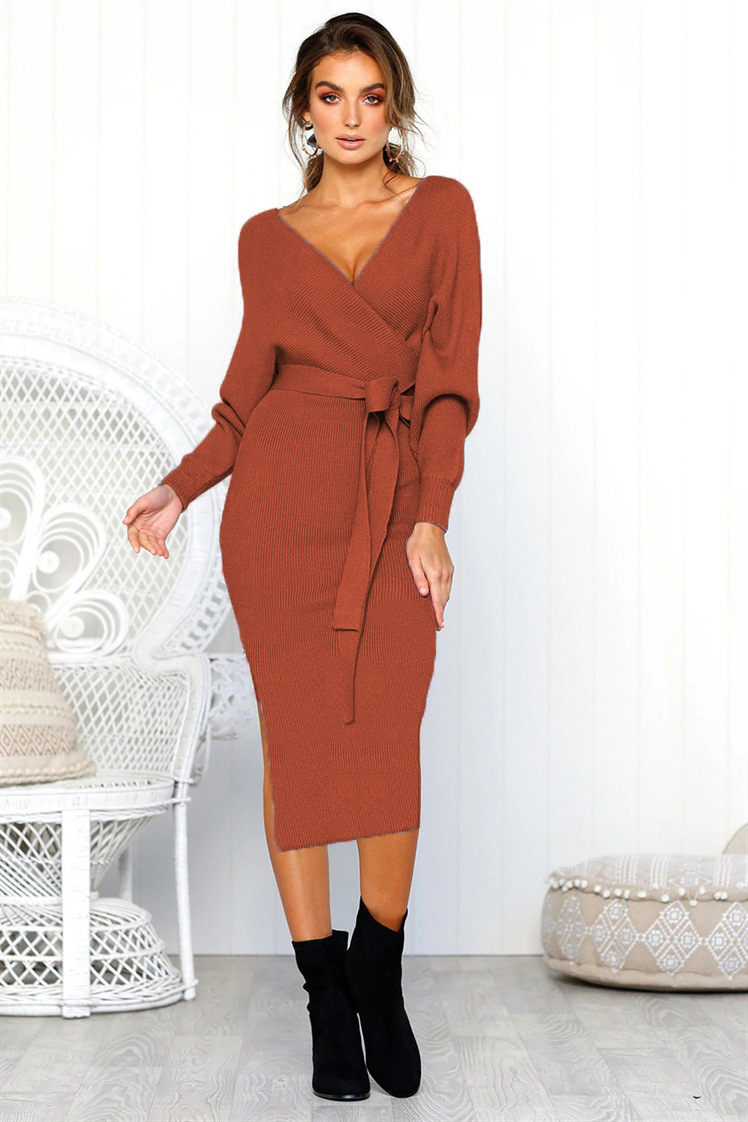 V Neck Belted Knitted Midi Dress