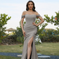 Satin Off-Shoulder Sleeveless Thigh High Split Bridesmaid Dress