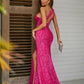 Deep Pink Sequin Oblique Shoulder Sleeveless Long Evening Dress