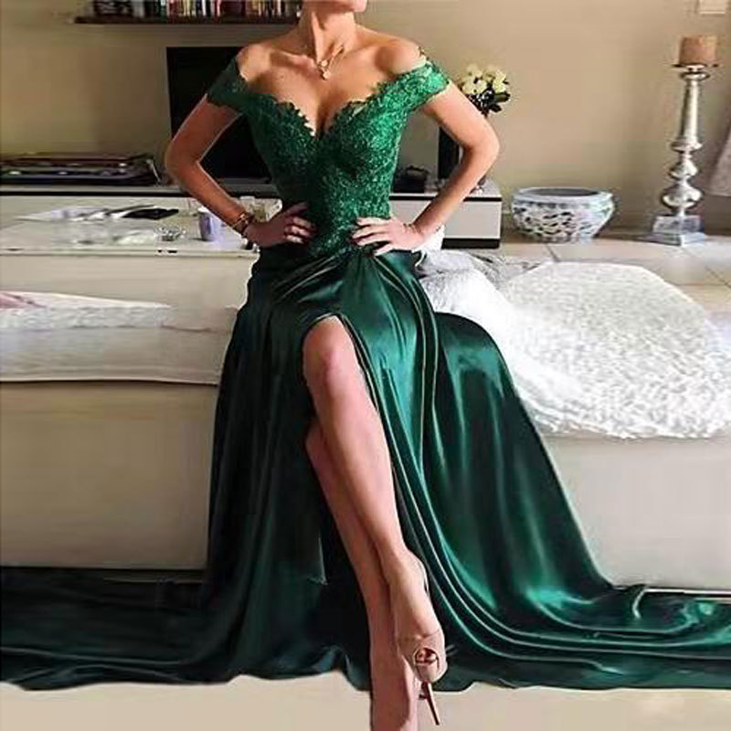 Green Lace Deep V Neck Sleeveless Slit Evening Dress