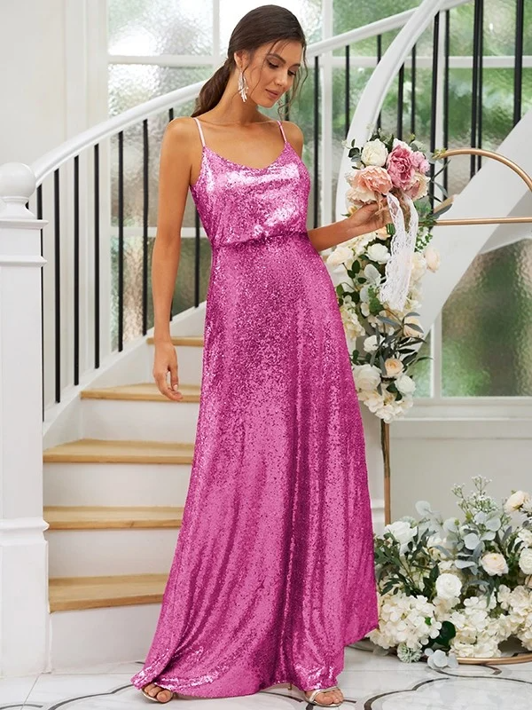 Sequin Spaghetti Strap Sleeveless Maxi Bridesmaid Dress