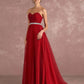 Red Rhinestones Pleated Strapless Tulle Prom Dress