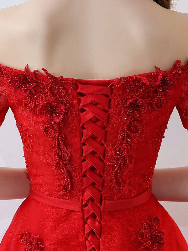 Red Off The Shoulder Lace Flowers Beading Cocktail Party Dress