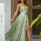 Satin Cowl Neckline Sleeveless Long Evening Slit Dress