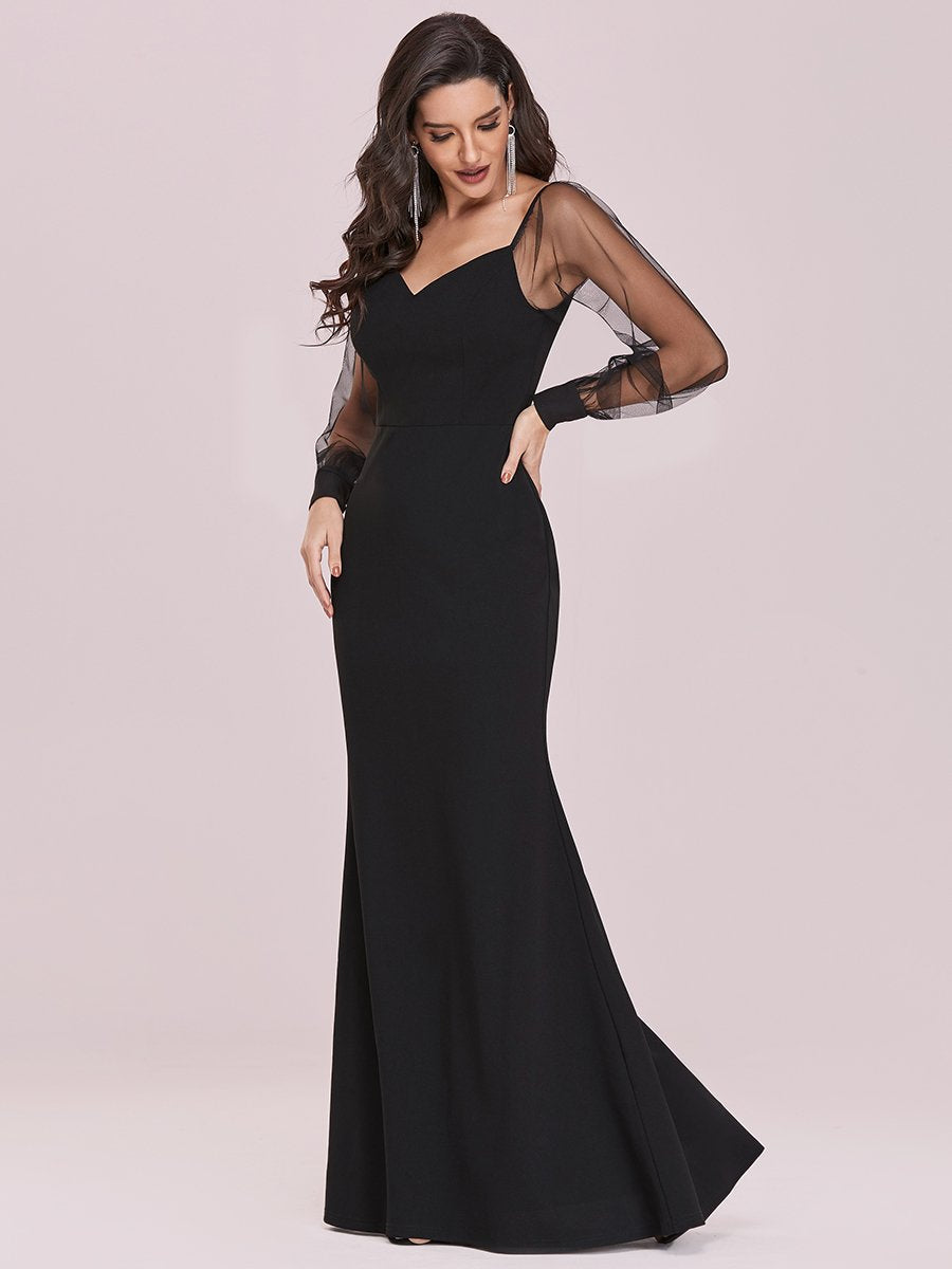 Black Satin V-Neck Tulle Backless Mermaid Prom Dress