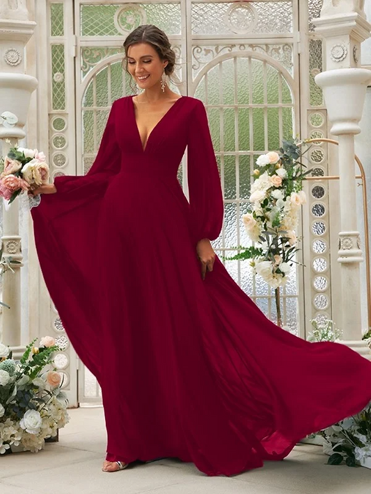 Deep V-Neck Long Sleeves Maxi Bridesmaid Dress