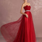 Red Rhinestones Pleated Strapless Tulle Prom Dress