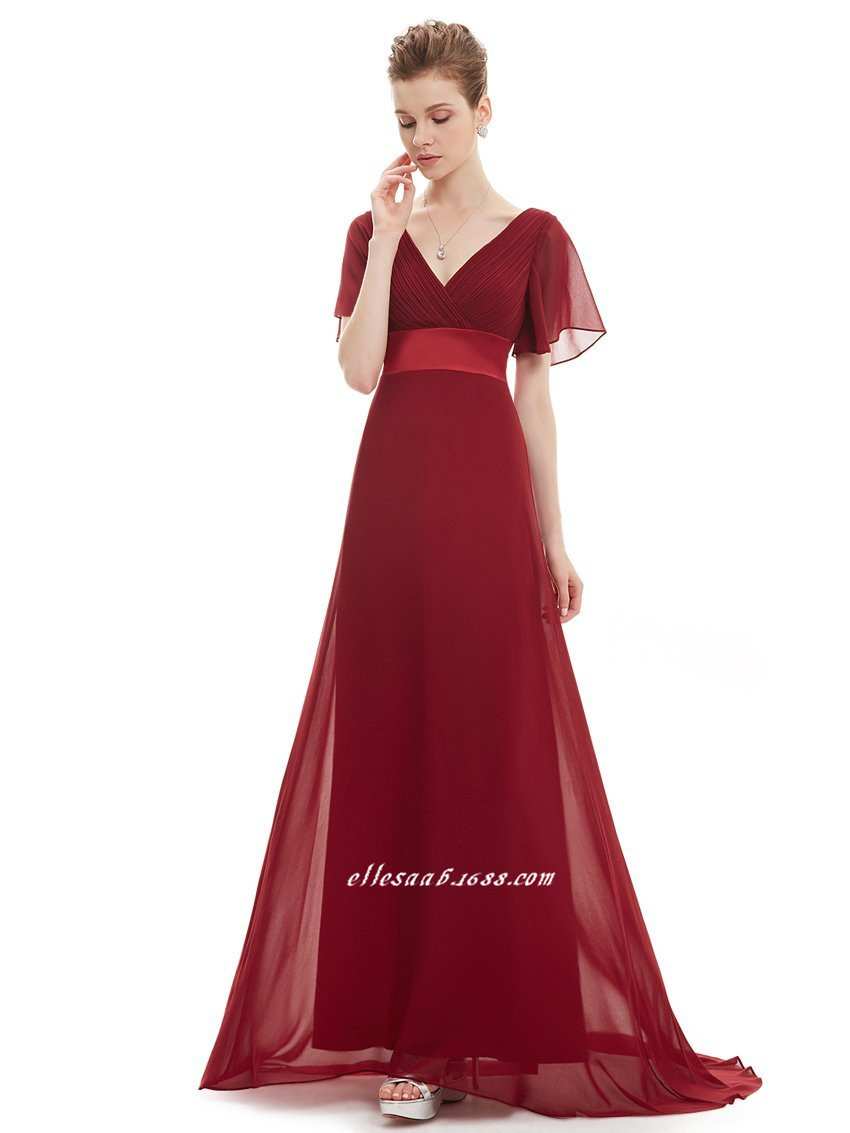 Deep V Neck Short Sleeves Bridesmaid Dress