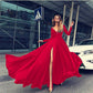 Satin Deep V-Neck Long Sleeves Split Front Prom Party Dress