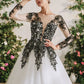 Black Lace Embroidered Long Sleeves Brush Train Wedding Dress