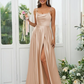 Satin Simple Spaghetti Strap Sleeveless Maxi Bridesmaid Slit Dress