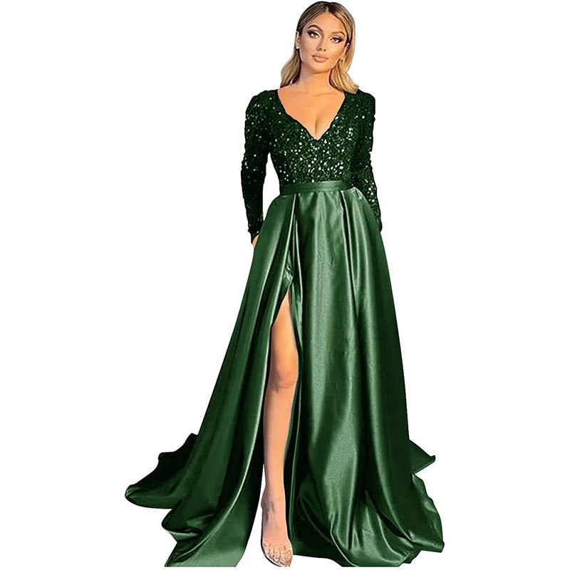 Sequin Deep V Neck Long Sleeves Slit Evening Dress