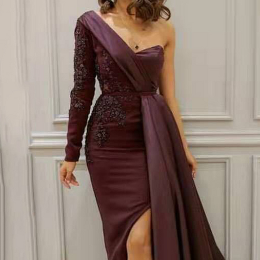 Oblique Shoulder Long Sleeves Sweep Train Sequined Prom Dress