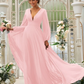 Deep V-Neck Long Sleeves Maxi Bridesmaid Dress