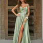 Satin Cowl Neckline Sleeveless Long Evening Slit Dress