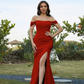 Satin Off-Shoulder Sleeveless Thigh High Split Bridesmaid Dress