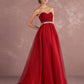 Red Rhinestones Pleated Strapless Tulle Prom Dress