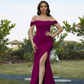 Satin Off-Shoulder Sleeveless Thigh High Split Bridesmaid Dress