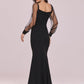 Black Satin V-Neck Tulle Backless Mermaid Prom Dress