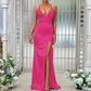 Simple Deep V-Neck Sleeveless Maxi Bridesmaid Slit Dress