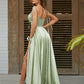 Satin Cowl Neckline Sleeveless Long Evening Slit Dress