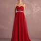 Red Rhinestones Pleated Strapless Tulle Prom Dress