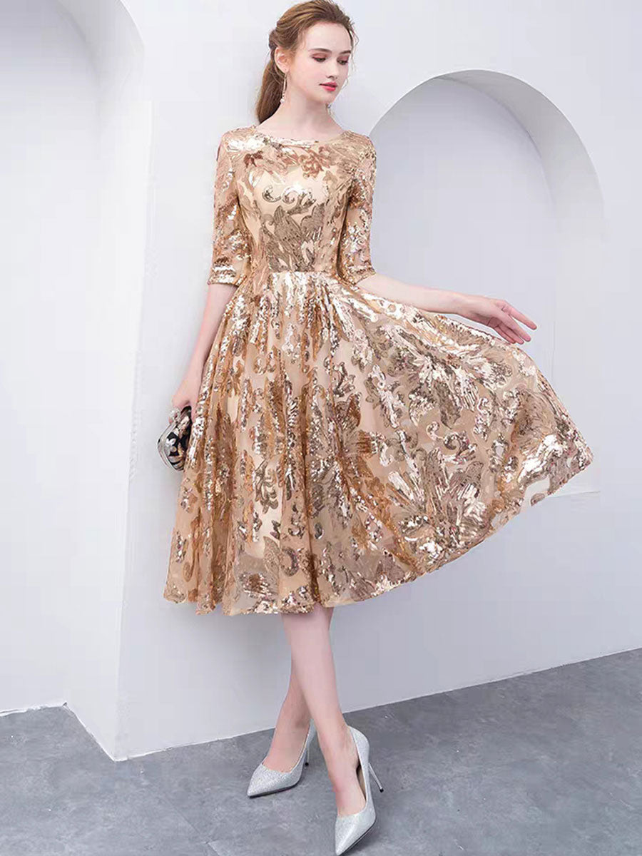 Gold Jewel Neck Half Sleeves Ball Gown Sequins Bridesmaid Dress