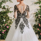 Black Lace Embroidered Long Sleeves Brush Train Wedding Dress