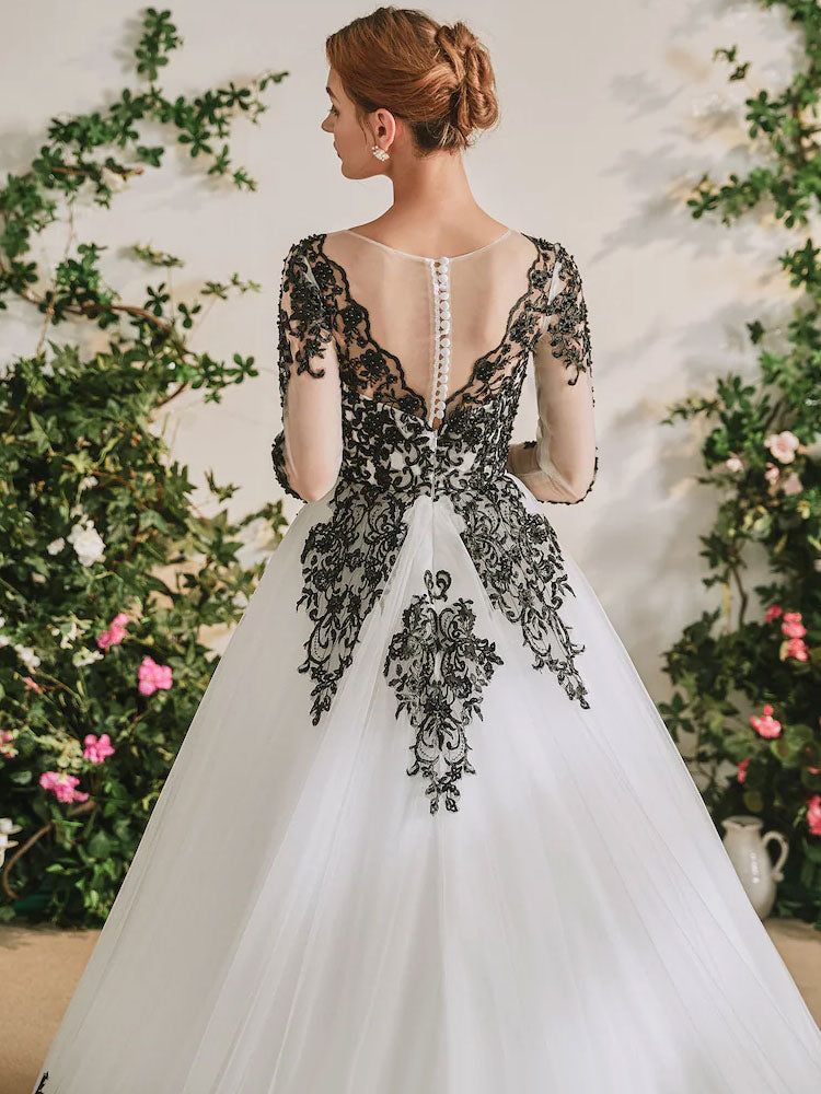 Black Lace Embroidered Long Sleeves Brush Train Wedding Dress