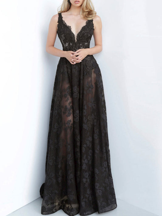 Black Mesh See-Through Lace Embroidered Sleeveless Prom Dress