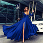 Satin Deep V-Neck Long Sleeves Split Front Prom Party Dress