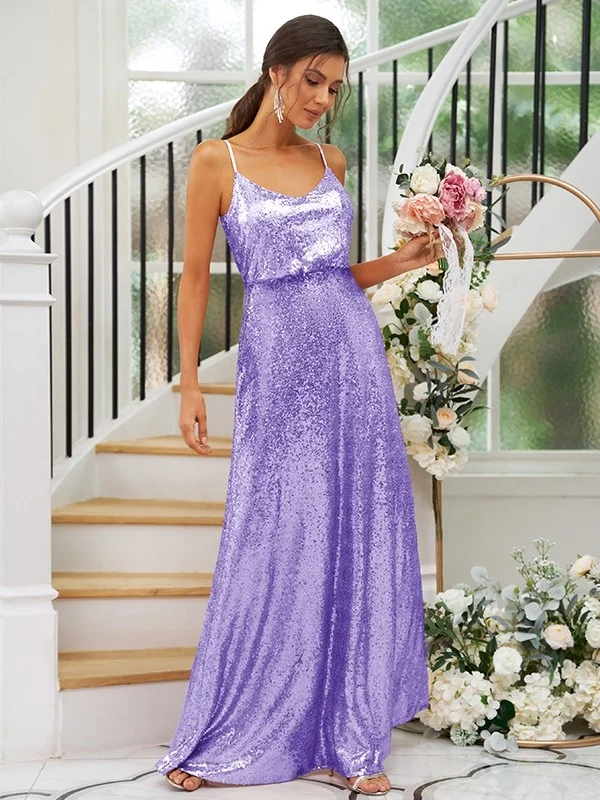 Sequin Spaghetti Strap Sleeveless Maxi Bridesmaid Dress