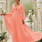 Deep V-Neck Long Sleeves Maxi Bridesmaid Dress