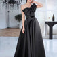 Black Satin One-Shoulder Bow Detailing Floor-Length Prom Dress