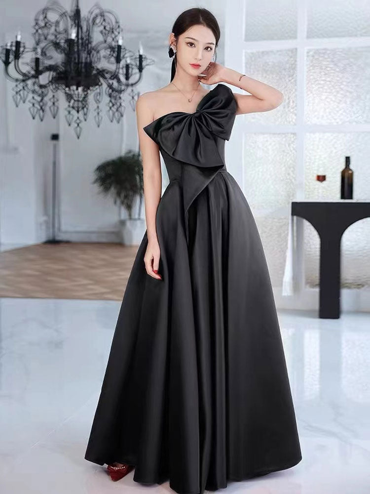 Black Satin One-Shoulder Bow Detailing Floor-Length Prom Dress