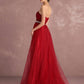 Red Rhinestones Pleated Strapless Tulle Prom Dress