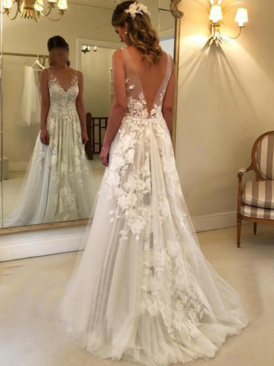 A-line Off-the-Shoulder Appliques Lace Court Train Tulle Wedding Dress