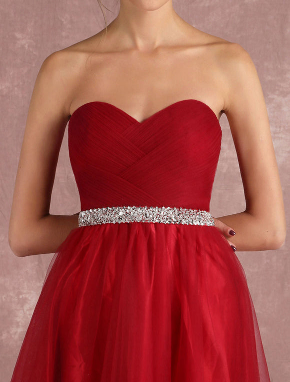 Red Rhinestones Pleated Strapless Tulle Prom Dress