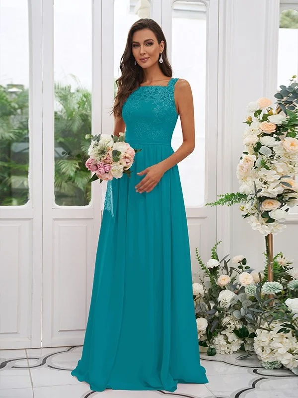 Lace Applique Square Neck Sleeveless Maxi Bridesmaid Dress